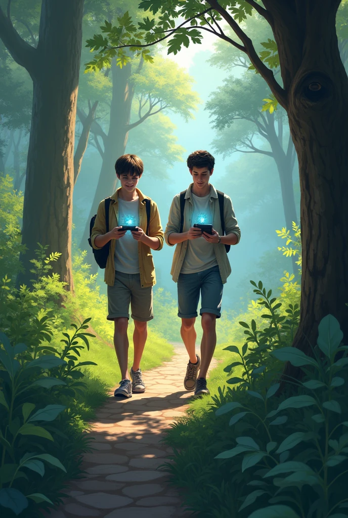 Nature with two male persons walking who are gamers