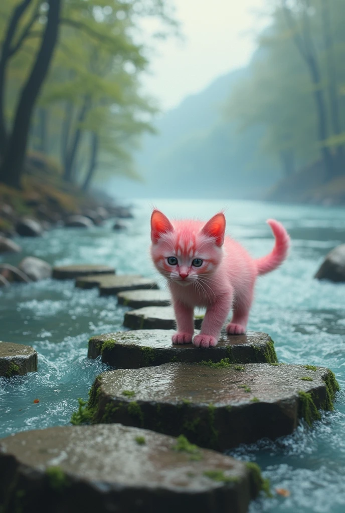 The Birth of the Pink Cat .Crossing the River, The pink kitten reaches a wide, flowing river. The current is strong, and she hesitates, unsure if she can make it across. But with determination, she spots a series of stones that form a rough path. Carefully, she leaps from stone to stone, finally reaching the other side. Her confidence grows with each step she takes.
