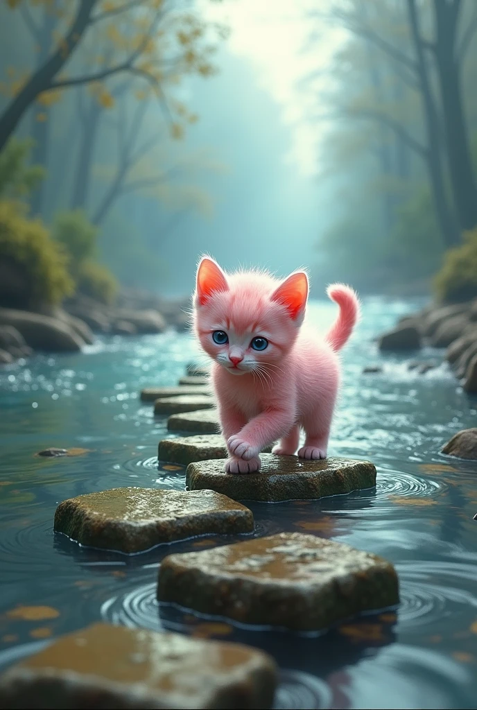 The Birth of the Pink Cat .Crossing the River, The pink kitten reaches a wide, flowing river. The current is strong, and she hesitates, unsure if she can make it across. But with determination, she spots a series of stones that form a rough path. Carefully, she leaps from stone to stone, finally reaching the other side. Her confidence grows with each step she takes.