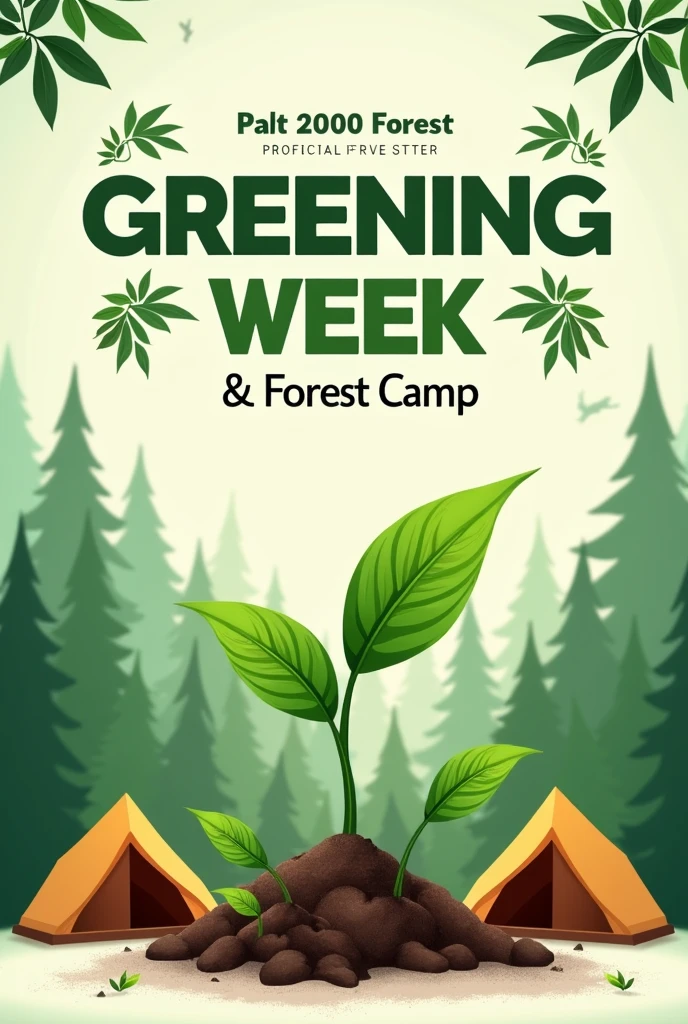 Create a contemporary FLYER design combining protected forest planting activities and camping tents, with a focus on several tree seedlings and the title GREENING WEEK & FOREST CAMP 2024
