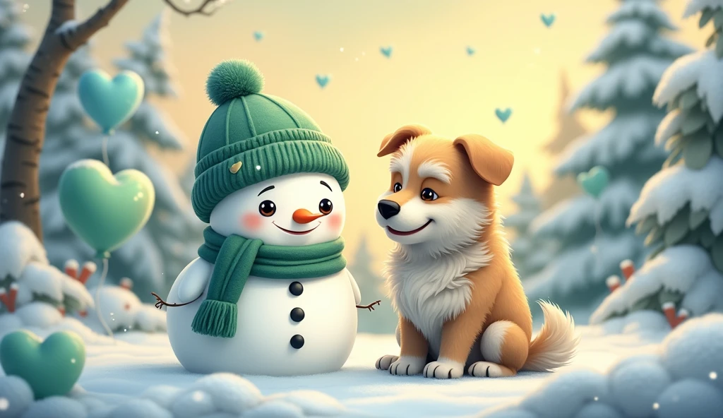 A charming fluffy white snowman wearing a green knitted hat and a green scarf with a heart design, a huge old dog, a bone. The snowman has bright, sparkling black eyes and a delicate, happy expression. It sits in an enchanting winter setting with blue green-shaped balloons and heart-shaped snowflakes drifting around. The surrounding trees are laden with snow and the sky above glows with a gentle twilight yellow, contributing to a magical and affectionate mood. The image should embody a cartoon-like and extremely adorable style, with a soft-focus background to amplify the fairy-tale-like ambiance of the composition.