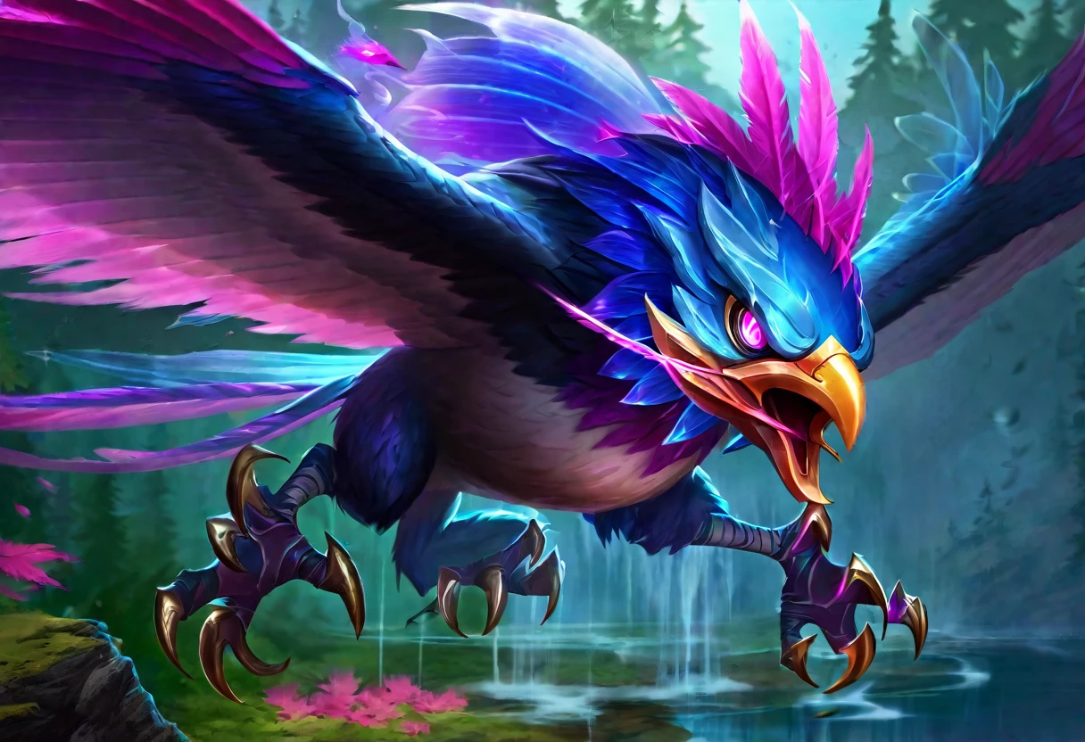 (Fantasy) An electric eagle (blue color schemed feathers, glowing eyes) is flying up in the air with a big pink salmon in its claws, water disturbed under the fish, serene lake and forest