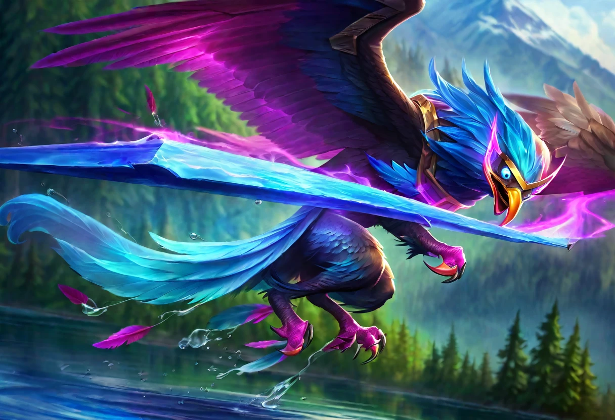 (Fantasy) An electric eagle (blue color schemed feathers, glowing eyes) is flying up in the air with a big pink salmon in its claws, water disturbed under the fish, serene lake and forest