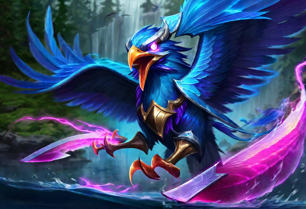 (Fantasy) An electric eagle (blue color schemed feathers, glowing eyes) is flying up in the air with a big pink salmon in its claws, water disturbed under the fish, serene lake and forest
