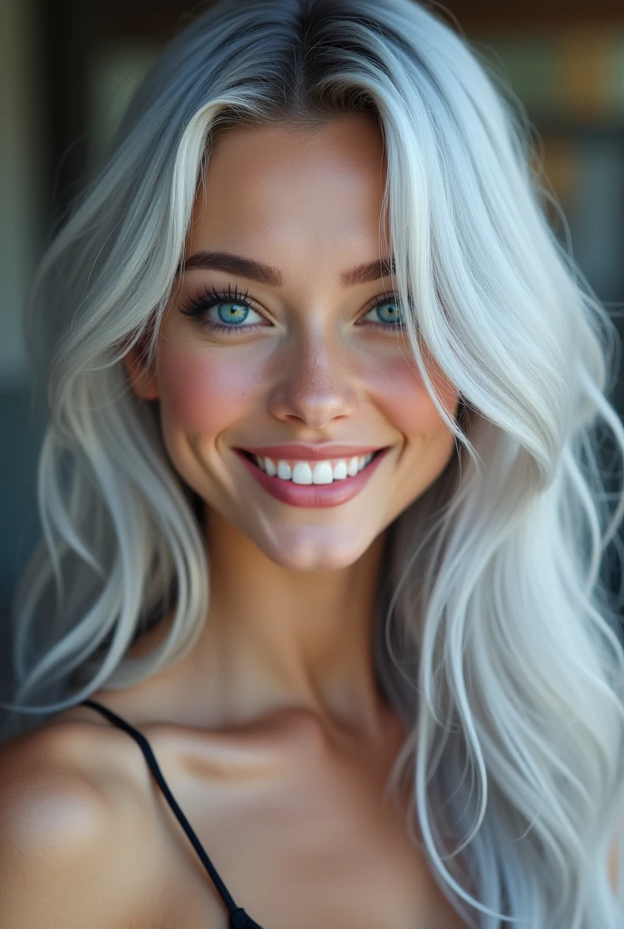 Silver hair, Hair over the shoulder, Long hair, Aqua Blue Eyes, nice open smile, White teeth, Full body view, 85mm, Canon, uhd, anatomically correct, 比基尼 ,textured skin, Super Detail, 8k