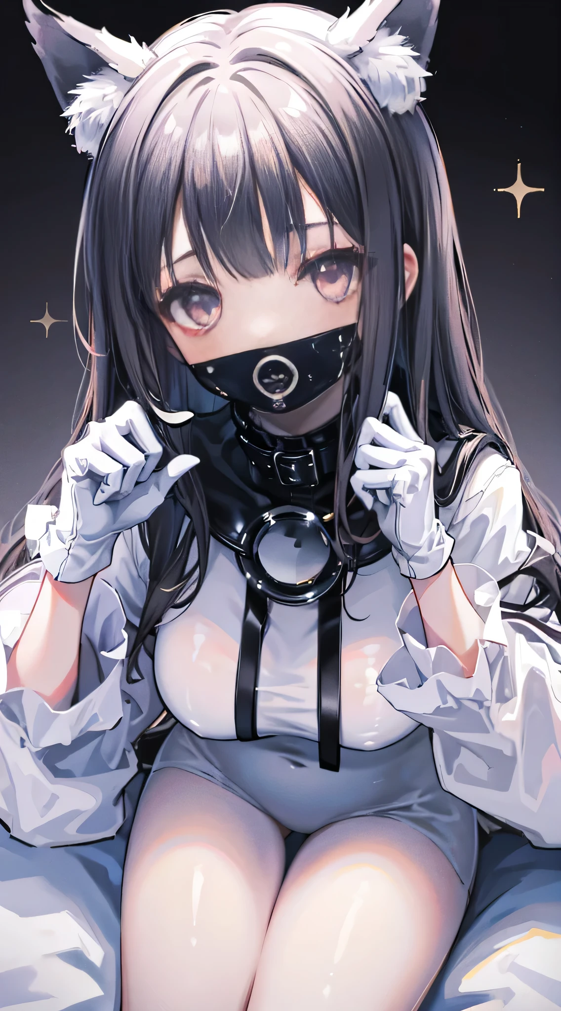 high quality, masterpiece, Very detailed, 1 girl,  Very detailed顔, Gagged，Gagged，Christmas White Latex Full Bodysuit，White gloves，black christmas stocking tiara，Gagged，BDSM,handcuffs，collar，Calm expression,smile，handcuffs，collar，Long black hair, Charming pink eyes, Fox Ears, Extremely large, Skin glows, sitting on snow，cover your chest with your hands，Bright Christmas night lights