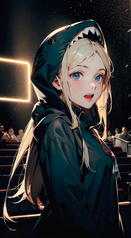 singing,shark_hood,beautiful_hair,shark_tooth,shark_tail,light_blue_eyes,1_beautiful_girl,cute_face,beautiful_face,best_quality,good_anatomy,beautiful,show on the stage,light up on the stage,Excited 100 audiences,dark room