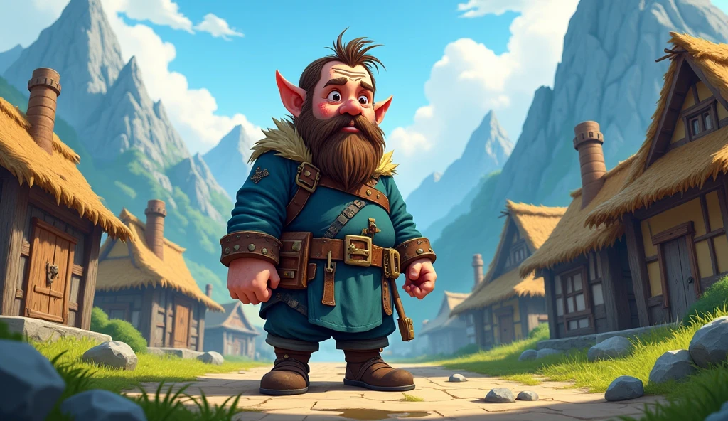 4feet tall dwarf with scars wearing blue and dirty rugged clothes.A small, peaceful village surrounded by towering mountains, with a brave dwarf named Thrain standing at the center, dressed in rugged, cartoon 