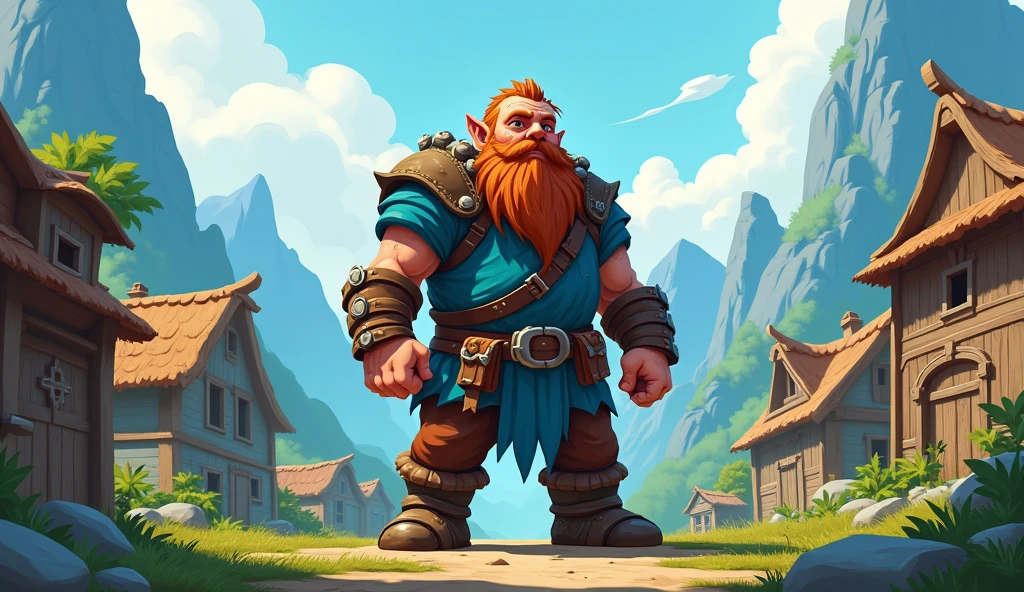 4feet tall dwarf with scars wearing blue and dirty rugged clothes.A small, peaceful village surrounded by towering mountains, with a brave dwarf named Thrain standing at the center, dressed in rugged, cartoon