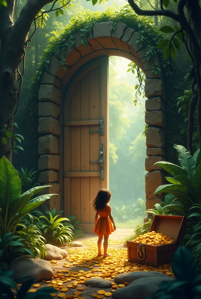 A girl standing infront of  biggest door in jungle and there is a box full of coin 