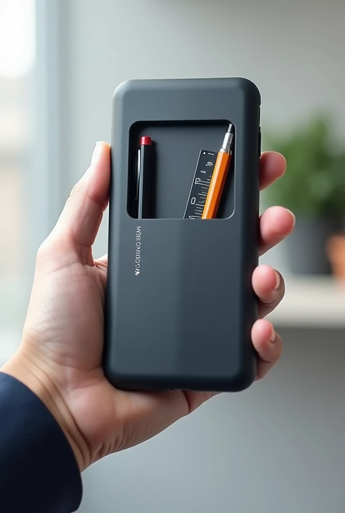 A phone case that can hold a pen, eraser, ruler. A pencil can come out.