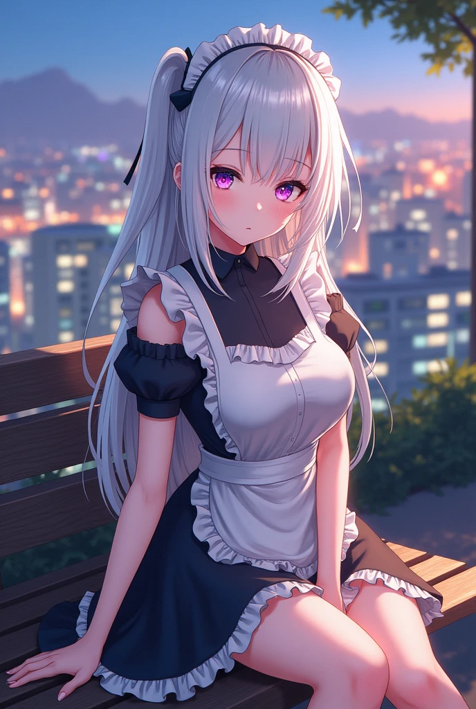 anime girl in a maid outfit sitting on a bench with a city in the background, best anime 4k konachan wallpaper, fine details. girls frontline, lolish, from girls frontline, from the azur lane videogame, nightcore, azur lane style, cute anime waifu in a nice dress, perfect white haired girl, seductive anime girl, smooth anime cg art