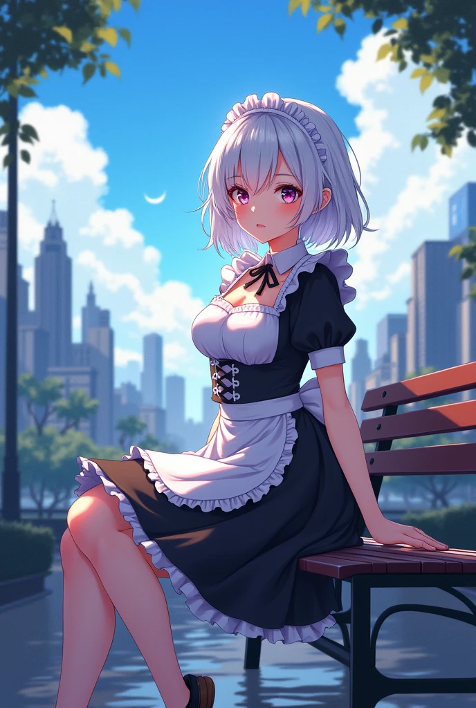 anime girl in a maid outfit sitting on a bench with a city in the background, best anime 4k konachan wallpaper, fine details. girls frontline, lolish, from girls frontline, from the azur lane videogame, nightcore, azur lane style, cute anime waifu in a nice dress, perfect white haired girl, seductive anime girl, smooth anime cg art