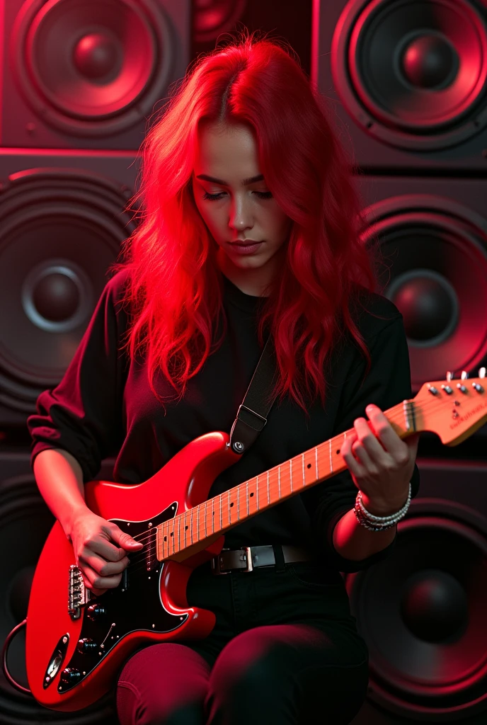 Subwoofers, red hair, girl, guitar red, sit