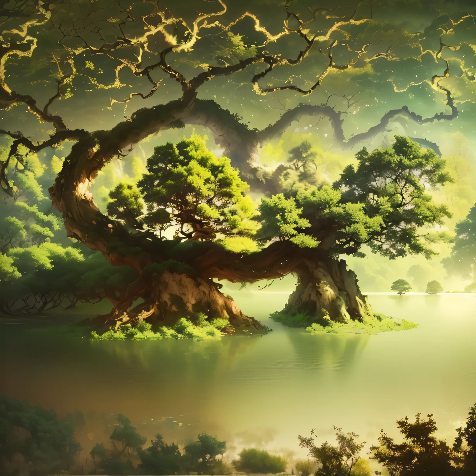 A tree is drawn，Tree roots in the lake，Sky in the background, Ancient Treess,  author：Toriyama Stone Garden, author：Luigi, Ancient Trees, Floating Tree,  author Sim Sa-jeong, Inspired by Wang Ximeng
