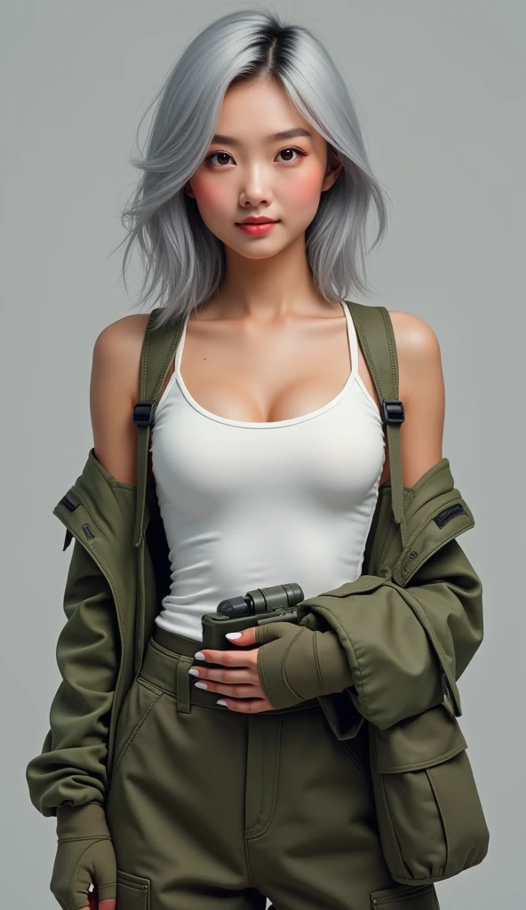 Realistic, masterpiece, Highest quality, Highest Resolution, (Gray blank background:1.3), (One person:1.3), Photographed from the waist up, 20-year-old, Sharp eyes, Grin, A little to the side, (Beautiful narrow eyes, (iris:1.2), (Hidden eyelid wrinkles:1.2), Thin eyebrows, Draw eyelashes carefully, Natural Makeup, Medium Hair, Silver Hair, Detailed face), (White tank top, Camouflage Cargo Pants), (military training equipment:1.3), (Military jacket in hand:1.3)