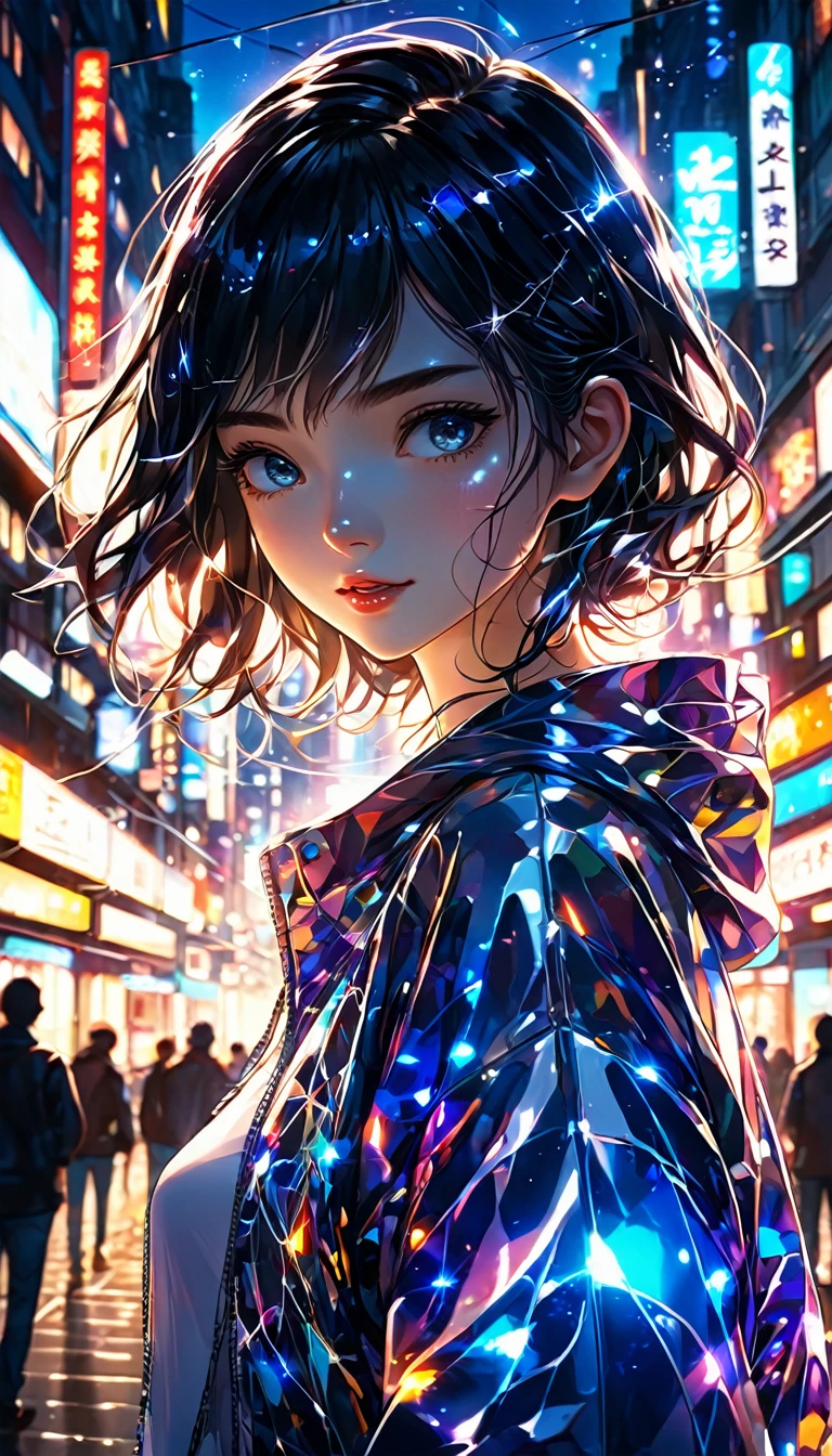 1girl, urban, abstract urban, shining light, shining urban lights, anime graphics, brilliant, intricate, detailed, masterpiece, 8k