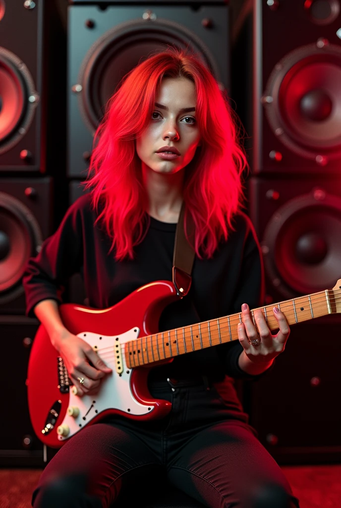 Subwoofers, red hair, girl, guitar red, sit