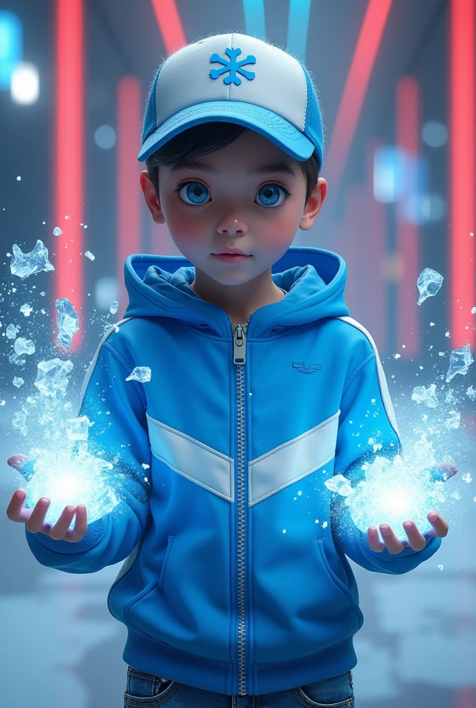 a young real boy age 15 Malaysia Indonesia (blue eyes . wearing an (blue and white ) zip-up shirt, (blue and white ) cap with small (snow flakes) logo, detailed face, cinematic lighting, dramatic atmosphere, vibrant colors, 8k, high quality, photorealistic. Hero suit. (Ice)come from his hand. Snow (ice).jeans pants. Very strong. Future design dress. Cool environment.