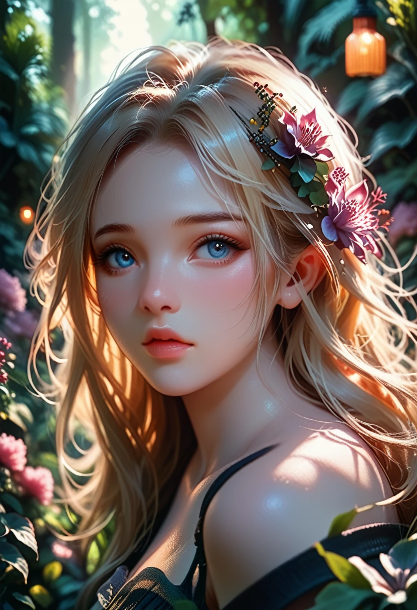 close-up portrait, sexy SSblonde hair, parted lips, lips, casual wear, I look at the viewer, forest background, sunset lights, realistic