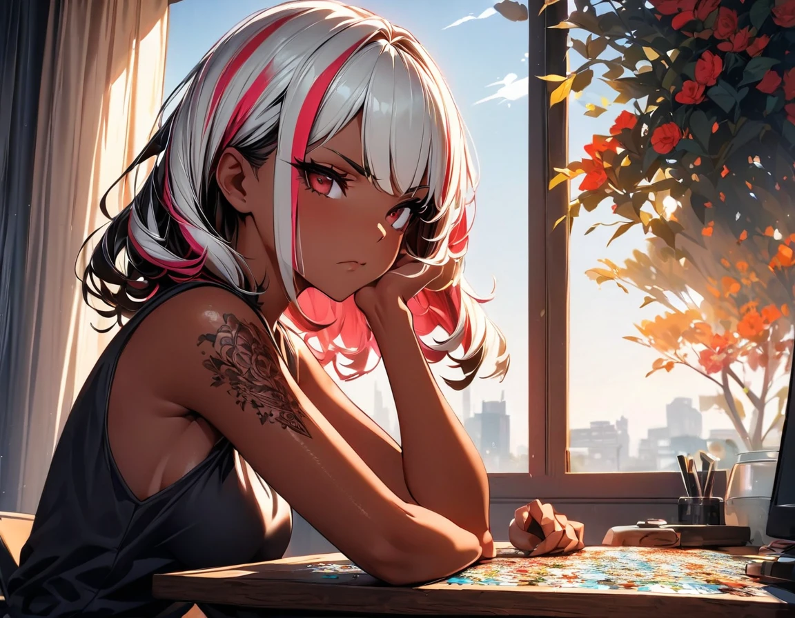 (highest quality:1.2, Very detailed, up to date, Vibrant, Ultra-high resolution, High Contrast, masterpiece:1.2, highest quality, Best aesthetics), Portraiture、girl、singer, solo, ((25-years-old:1)), Bright colors, Beautiful fine details、Beautiful lip detail、medium wave hair、red and white ((streaked hair:1.6)), highlights hair: 1.5, red eyes, slim body, medium breast, (tan skin:1.1), (Floral Fineline tattoo design on left arm:1), tank top, jeans, playing puzzle, sitting at the table, (Serious:1.6), in her room, huge window background, sunshine, looking at puzzle, ((upper body:1.5))
