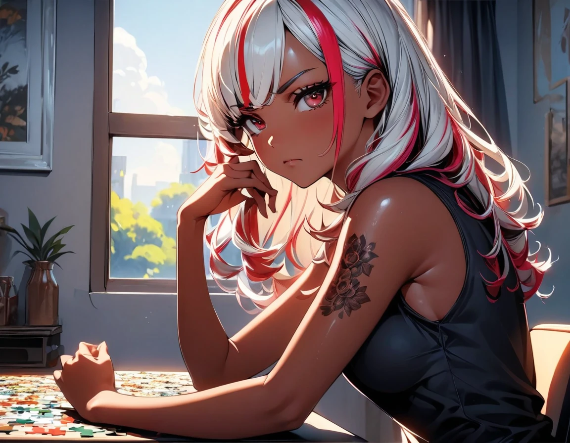 (highest quality:1.2, Very detailed, up to date, Vibrant, Ultra-high resolution, High Contrast, masterpiece:1.2, highest quality, Best aesthetics), Portraiture、girl、singer, solo, ((25-years-old:1)), Bright colors, Beautiful fine details、Beautiful lip detail、medium wave hair、red and white ((streaked hair:1.6)), highlights hair: 1.5, red eyes, slim body, medium breast, (tan skin:1.1), (Floral Fineline tattoo design on left arm:1), tank top, jeans, playing puzzle, sitting at the table, Serious,, ((leaning forward:1)), upper body