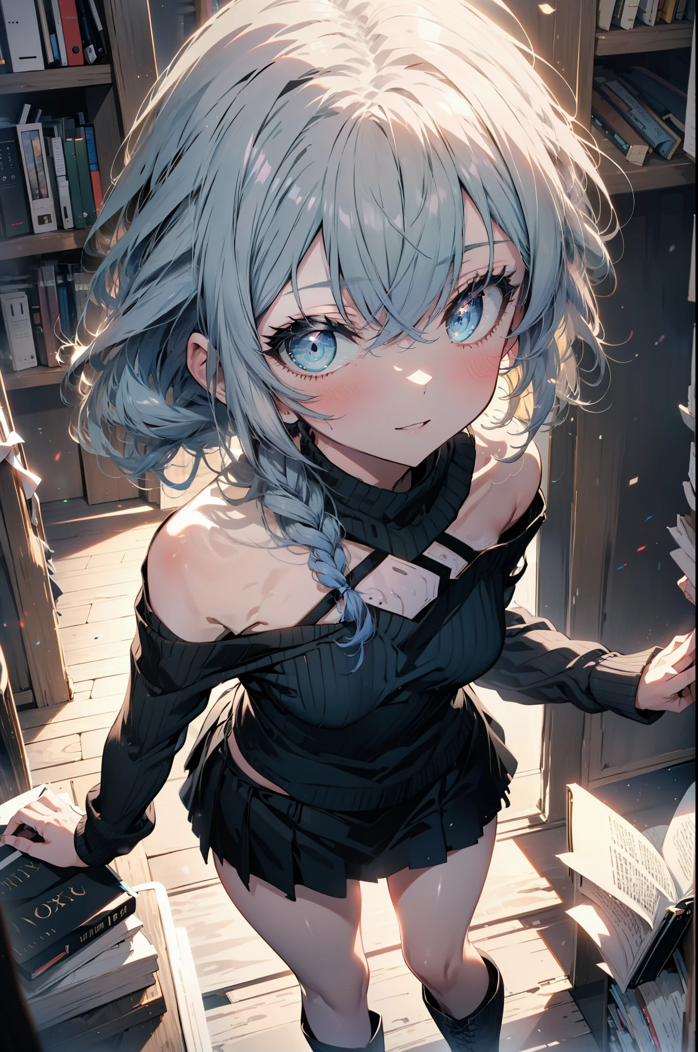 Roxymigurdia, Roxy, Ahoge, Black Ribbon, blue eyes, Blue Hair, Braiding, Hair between the eyes, Hair Ribbon, Long Hair, twin Braidings, very Long Hair, smile,blush,Open your mouth,Blue one-shoulder sweater,mini skirt,black tights,short boots,Book with both arms　Holding a spell book,Grimoire,Are standing,Bookshelf,There is a spellbook on the table,whole bodyがイラストに入る,
break looking at viewer,whole body,
break indoors,figure書館,
break (masterpiece:1.2), Highest quality, High resolution, unity 8k wallpaper, (figure:0.8), (Beautiful attention to detail:1.6), Highly detailed face, Perfect lighting, Highly detailed CG, (Perfect hands, Perfect Anatomy),