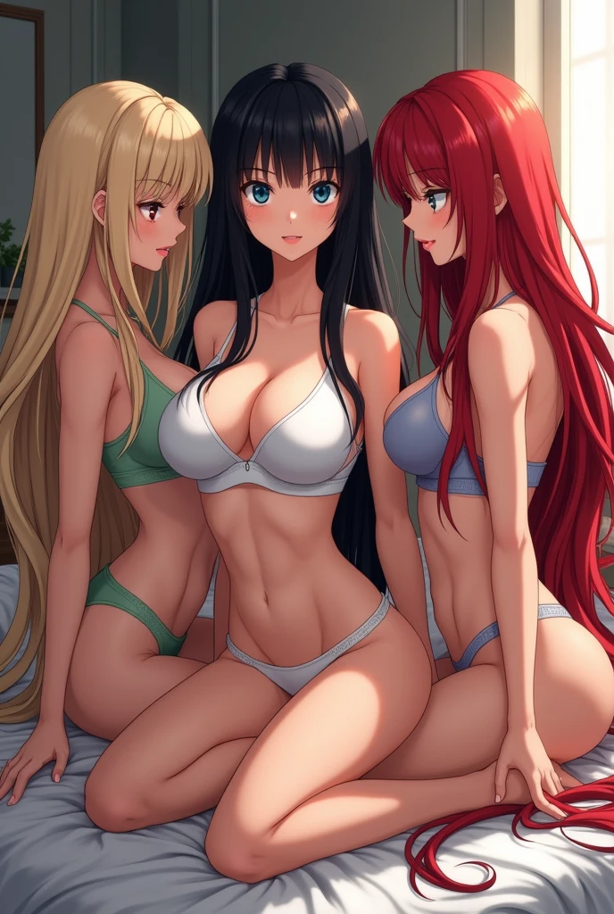 A mature anime woman with very large breasts, beautiful curves, she is standing next to a bed, she's wearing a white bra, she has completely straight hair, they are soft, silky, and bright, her hair reaches down to her leg, her hair is black and reaches the floor, She is thin, has a pretty face, and she is being shown from head to toe. She is next to two women exactly like her, but one is blonde and the other is redhead, one in a blue bra and the other in black, they are very busty, all three have hair that reaches the floor, all three have super long hair that reaches the floor, the three with long hair that goes past their legs