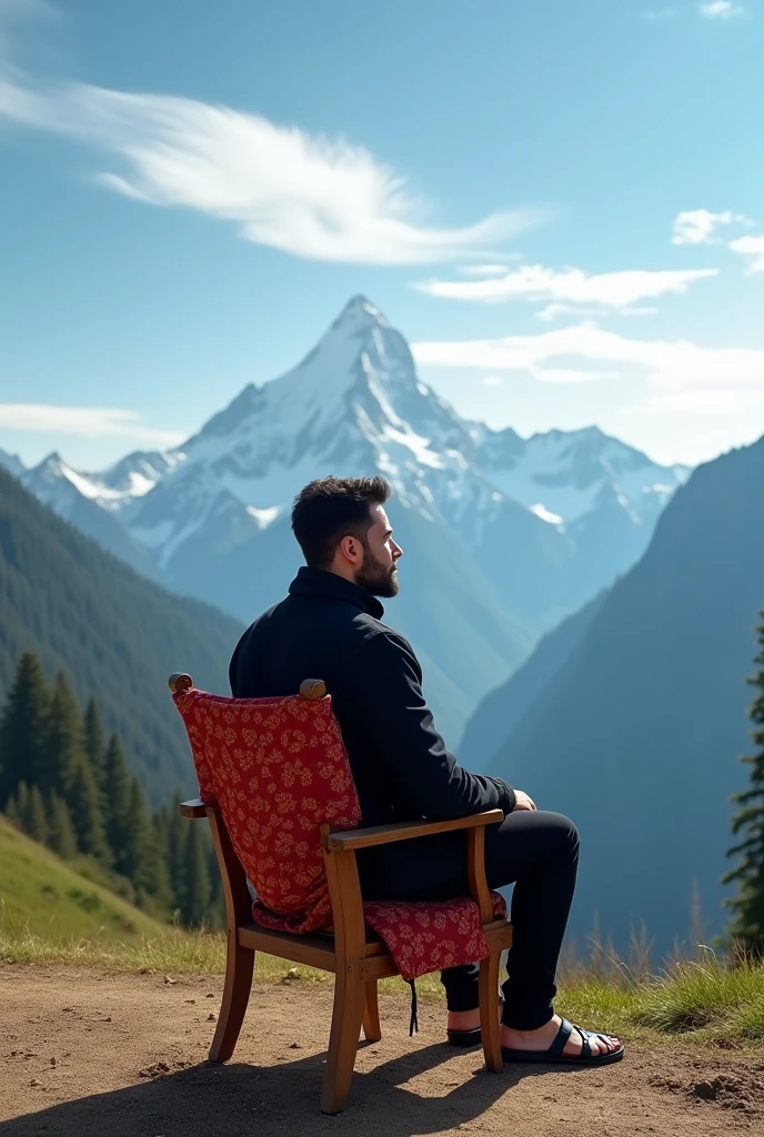 A man sits in a chair overlooking a mountain range, appearing lost in thought. The man is seated in a wooden chair with a patterned red fabric cover, wearing a black jacket, black pants, and sandals. He appears to be lost in thought as he gazes toward the mountains. The background is a breathtaking vista of a mountain range, with snow-capped peaks and lush green forests. The sky is a bright blue with wispy white clouds, creating a tranquil and serene atmosphere. The overall mood of the image is one of quiet contemplation and peace.