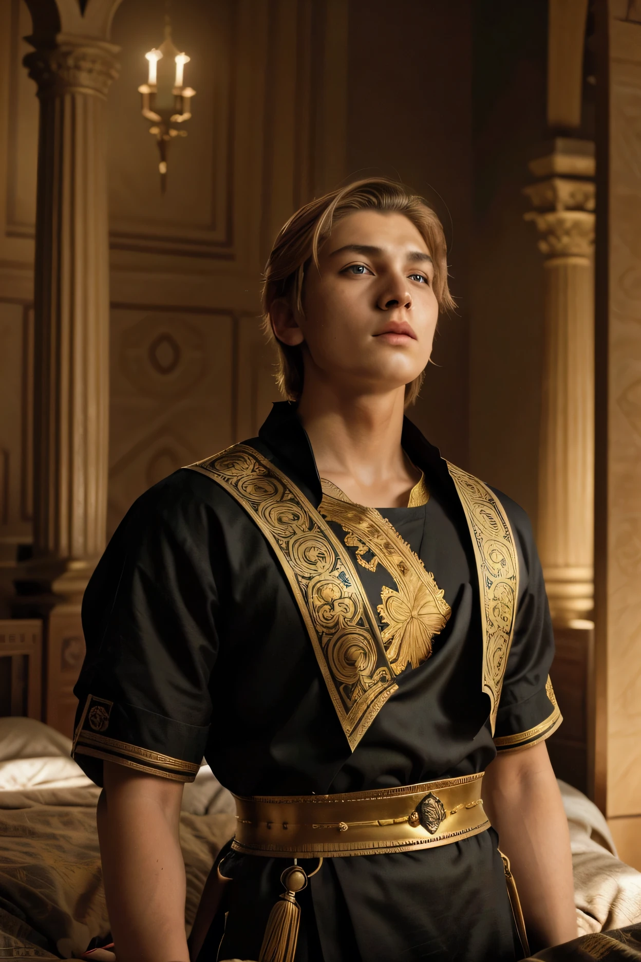 Generate a beautiful 16 year old boy with blonde hair and simple ancient tunics, standing in front of a massive 4 post bed with the king sitting on it. The king is a pale, black haired and blue eyes man who looks around 25 and has no facial hair, and he wears a kingly garb which is black and gold with golden tree designs on it. The king is looking up at the 16 year old boy with curious eyes. Ancient settings, massive chambers.Captured as a cinematic film still, shot on a V-Raptor XL, the scene is enhanced with film grain, vignette, color grading, and post-processing. The cinematic lighting and 35mm film quality create an atmospheric, epic, and stunning masterpiece, full of dramatic flair.