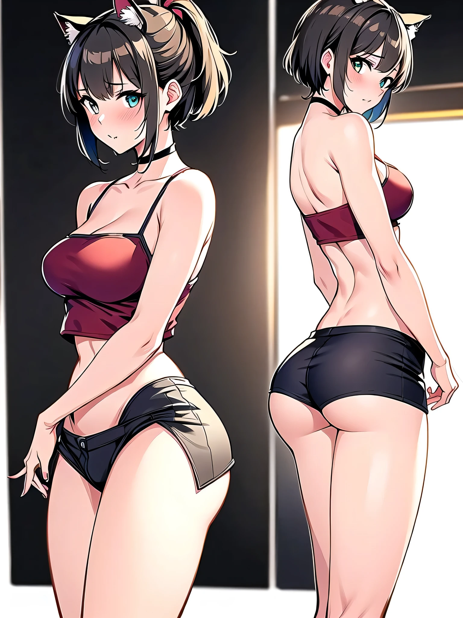 all realistic intricate details, woman, kitten pose, cat ears, short hair, perfect hands, perfect fingers, perfect body, sensual cleavage, medium breasts, red shirt, wearing tight black shorts, sexy shorts, vinyl shorts, Ultra HD, image 4k, best image quality, (fidelity: 1.4), photoreal, light green eyes, eyelashes, beautiful pupil, shadows, slight blush, delicate facial features, reasonable facial features, exposed waist, natural sexy pose, random angle