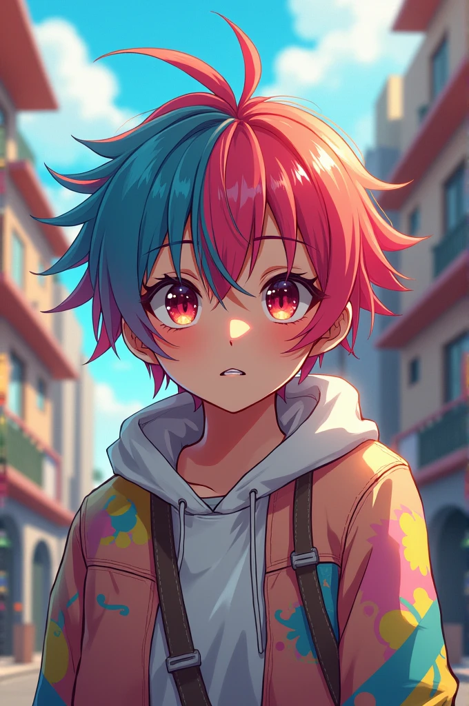 A cinematic take of an anime-style medium of a young male-female protagonist with mesmerizing short multicolored hair. Her hair ranges from deep blues to orange and pink. She has intense, captivating eyes that draw the viewer. Her naked body contrasts with her vibrant curls. The background is an urban setting with tall buildings, graffiti and a bustling cityscape. The composition is energetic and dynamic, capturing the movement of the character and his artistic talent.