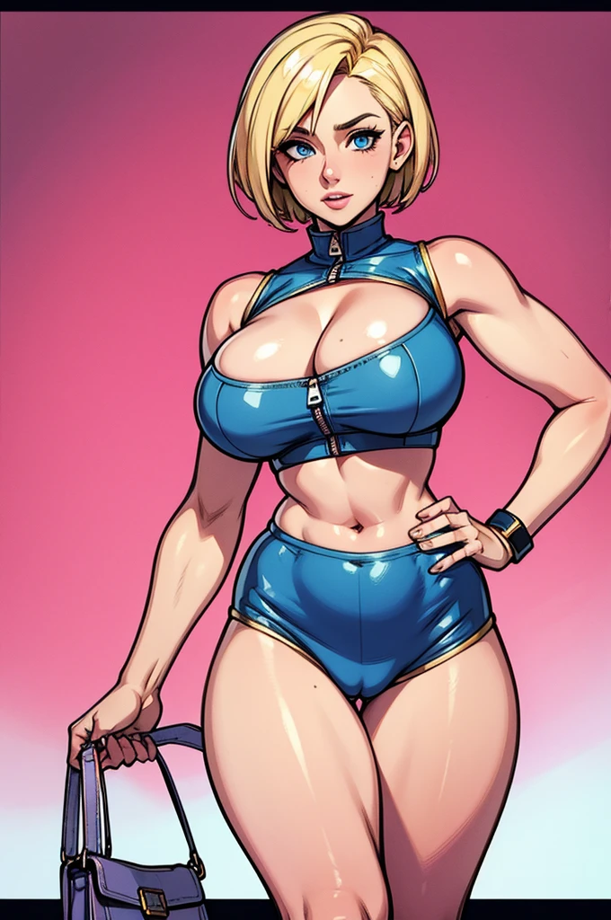 Blonde girl with short hair, blue eyes, Wearing short shorts and a pink crop top, open zipper showing belly Cleavage, shiny breasts and thick thighs
