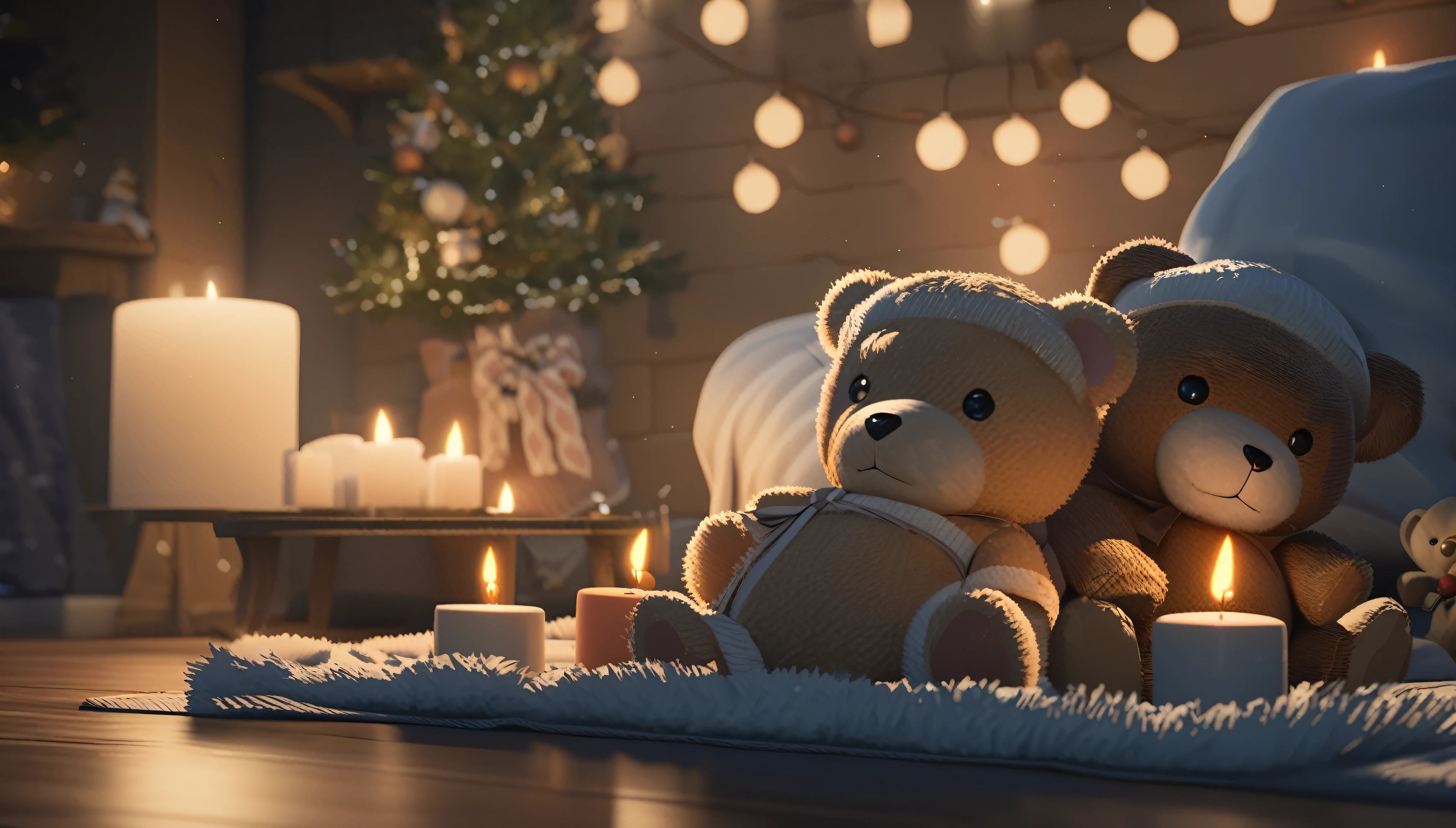 There are two teddy bears sitting on a blanket with a candle, Cozy candlelight, Cozy home background, cozy wallpaper, Cute 3D rendering, v-rayでレンダリング, Cozy environment, Cozy atmosphere, Christmas Night, Pleasant lighting, Night atmosphere, Cozy atmosphere, Vray 8K Rendering, Unreal Engine ; Romantic Theme, Realistic soft lighting, Highly detailed soft lighting