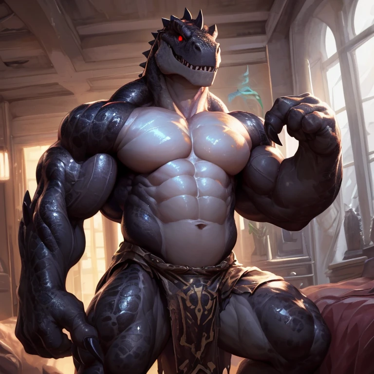 solo, anthro, furry male, ultra details, T-Rex, ((ultra detailed muscles)), (T-Rex print), black scales, white belly, black spiny scales, bedroom, standing up, muscle pose, front double biceps pose, bodyguard outfit, black claws, red eyes, slit eyes, slim fit, muscular slim, menacing, handsome, flirt, ultra detailed slit eyes, pecs, hind leg, tail, looking at viewer, (Masterpiece, by null-ghost, ultra hi-res, 8k), naked torso , black loincloth, oil stain, front pov,