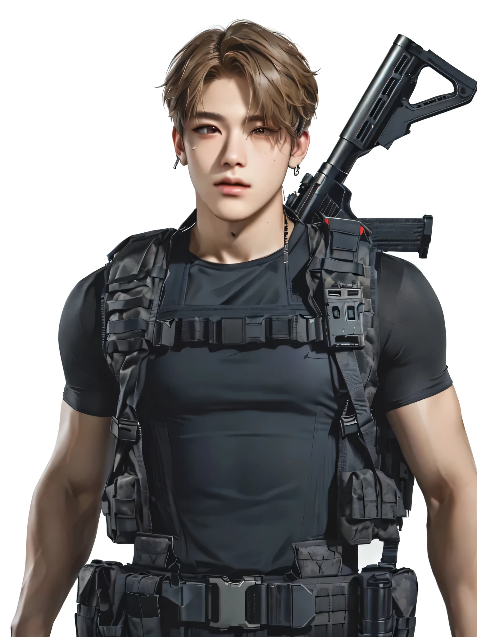 a close up of a man with a gun and a vest, model is wearing techtical vest, jungkook, soldier outfit, cai xukun, soldier, ammo bandolier, with rifle, full body character, sakimichan, male character, video game character, ready for combat, hybrid human/tank, tactical vest, combat vest, park jimin, jimin