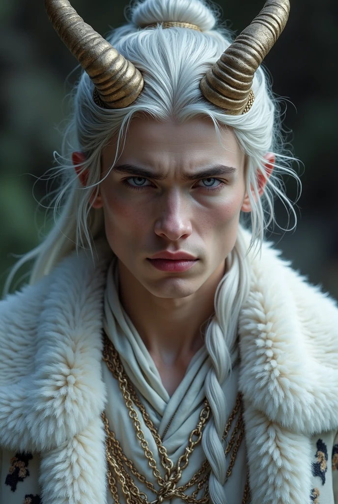 Handsome young man between 18 and 2 ,long silver hair tied in a bun with amethyst eyes wearing a beautiful outfit made with white bear skins, tigers, a crown of horns
