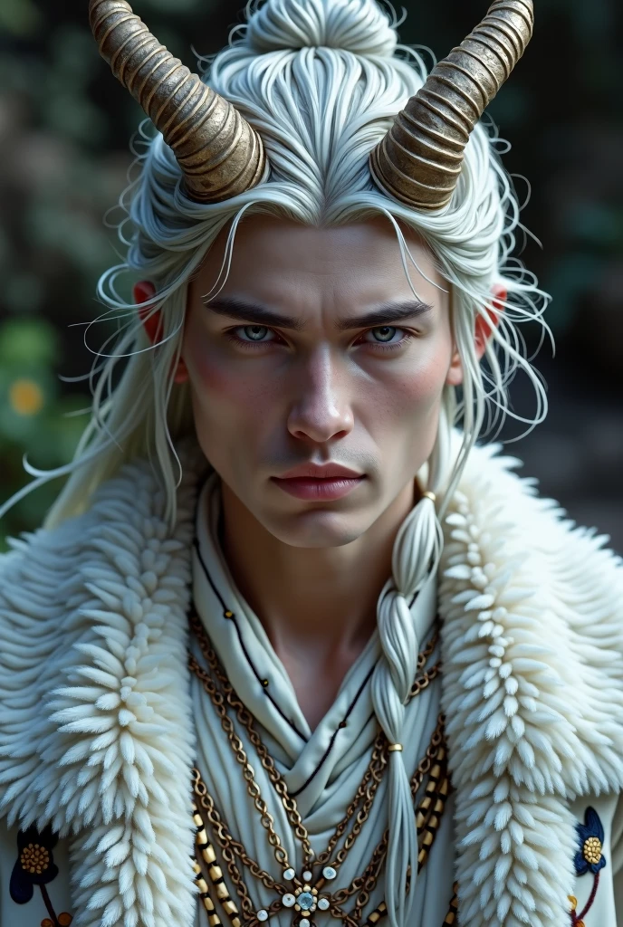 Handsome young man between 18 and 2 ,long silver hair tied in a bun with amethyst eyes wearing a beautiful outfit made with white bear skins, tigers, a crown of horns