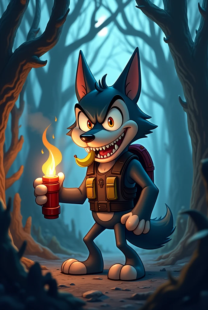 Cartoon character of a wolf with bomb vest, in dark forest, an animated character, with a banana in your mouth and a bomb in your hand