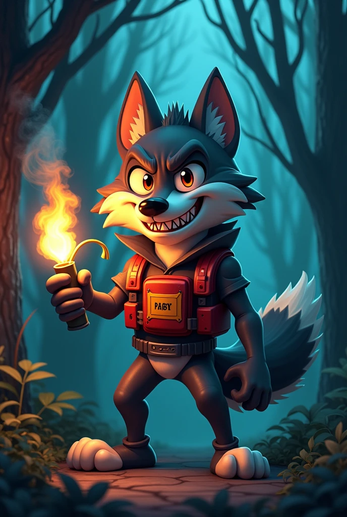 Cartoon character of a wolf with bomb vest, in dark forest, an animated character, with a banana in your mouth and a bomb in your hand