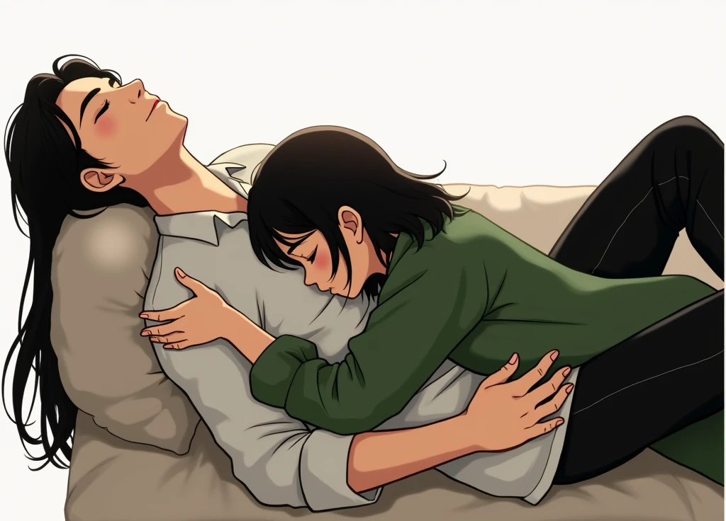 A guy with long black hair is lying and sleeping, eyes closed, a girl with shoulder-length black hair is sleeping on him, eyes closed, anime art, masterpiece, realistic, over-detailed, professional quality