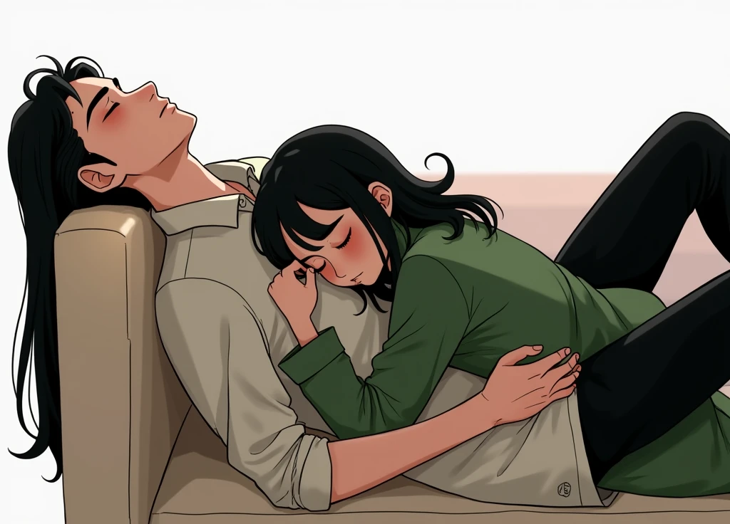A guy with long black hair is lying and sleeping, eyes closed, a girl with shoulder-length black hair is sleeping on him, eyes closed, anime art, masterpiece, realistic, over-detailed, professional quality