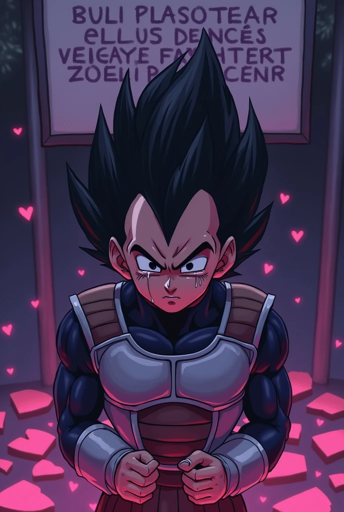Sad background with purple broken hearts, Vegeta crying and a sign behind him that says "But I don't want you to forget that I followed you to the sea And a song was the love we never made I'm leaving because you never saw that the moon was my soul when I gave it to you" in Spanish