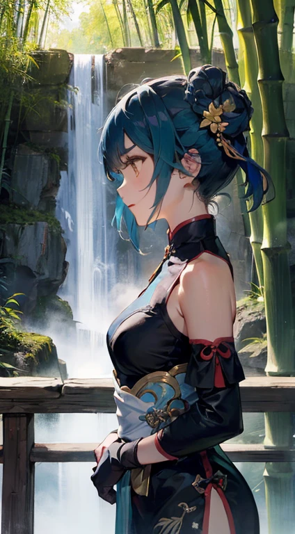 xiangling \(genshin impact\),beautiful detailed shading,beautiful detailed glow,high res,high saturation,anime,CG,2d,
absurdres,1girl,amber eye,amber luminous eyes,double bun,blue hair,short hair,bangs,braided hair rings,thick eyebrows,chinese clothes,pelvic curtain,bare shoulders,glove,small breasts,standing,Confident,light smile,upper body,from side,Supporting the railing,(looking away:1.3),Lateral face,(from side:1.5),
outdoors,(Wooden ancient Chinese houses:1.2),(bamboo forest:1.2),Little Bear,stone,waterfall,Lens perspective,Dynamic actions,close up,