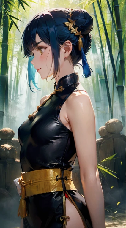 xiangling \(genshin impact\),beautiful detailed shading,beautiful detailed glow,high res,high saturation,anime,CG,2d,
absurdres,1girl,amber eye,amber luminous eyes,double bun,blue hair,short hair,bangs,braided hair rings,thick eyebrows,chinese clothes,pelvic curtain,bare shoulders,glove,small breasts,standing,Confident,light smile,upper body,from side,Supporting the railing,(looking away:1.3),Lateral face,(from side:1.5),
outdoors,(Wooden ancient Chinese houses:1.2),(bamboo forest:1.2),Little Bear,stone,waterfall,Lens perspective,Dynamic actions,close up,