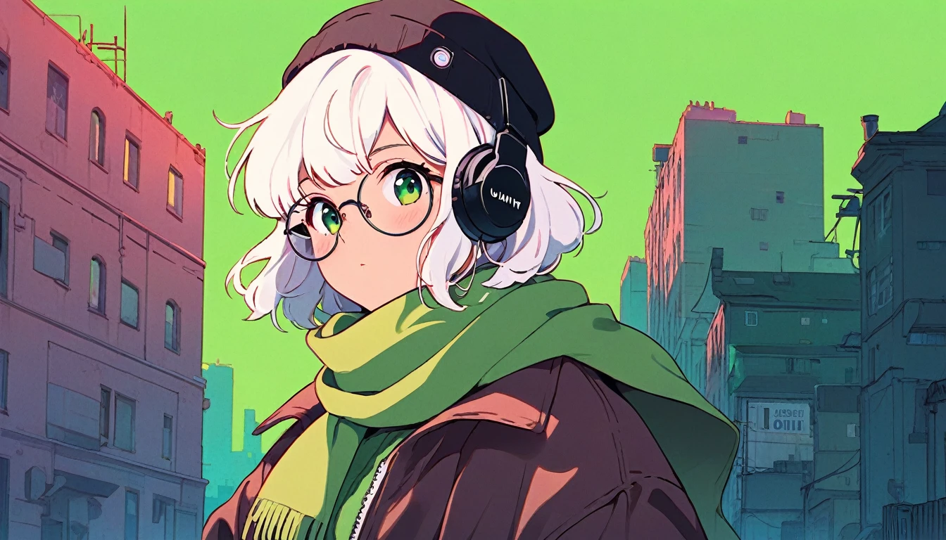 (extremely detailed CG unity 8k wallpaper), (best quality), (best illustration), (best shadow), realistic lighting, beautiful detailed reglow, masterpiece, best quality, lofi artstyle, lofi art, city, town, 80s anime style, Retro, Lo-Fi, 1girl, 1girl, bangs, beanie, black headwear, blush, covered mouth, glasses, green background, green eyes, green scarf, green theme, hat, jacket, looking at viewer, round eyewear, scarf, simple background, solo, white hair, medium shot, full body shot, Using Headphone, headphone