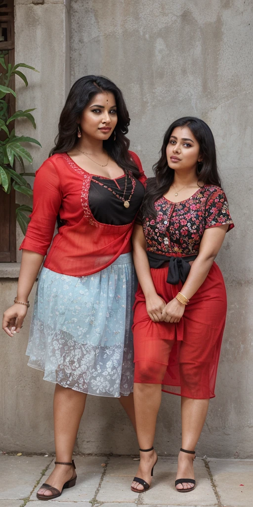 Day scene, A radiant, full-figured South Indian 35 year old aunty a red colour chiffon mini skirt and black chiffon shirt, standing, in a garden captured in a full-body image with vibrant hues and meticulous details. Full body image