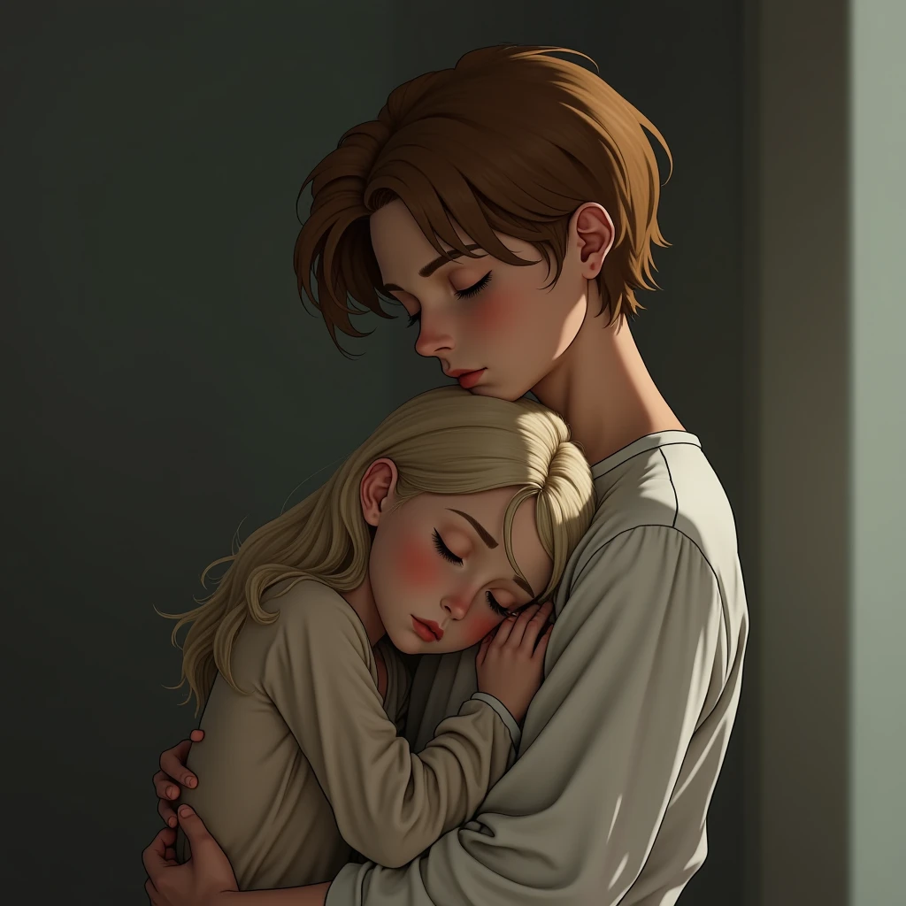 Pretty blonde girl hugging a tall brown-haired boy around the torso, She hides her head in his chest while he comforts her by hugging her. Melancholic aura, 4k.
