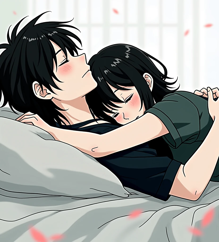 A guy with long black hair is lying and sleeping, eyes closed, a girl with shoulder-length black hair is sleeping on him, eyes closed, anime art, masterpiece, realistic, over-detailed, professional quality