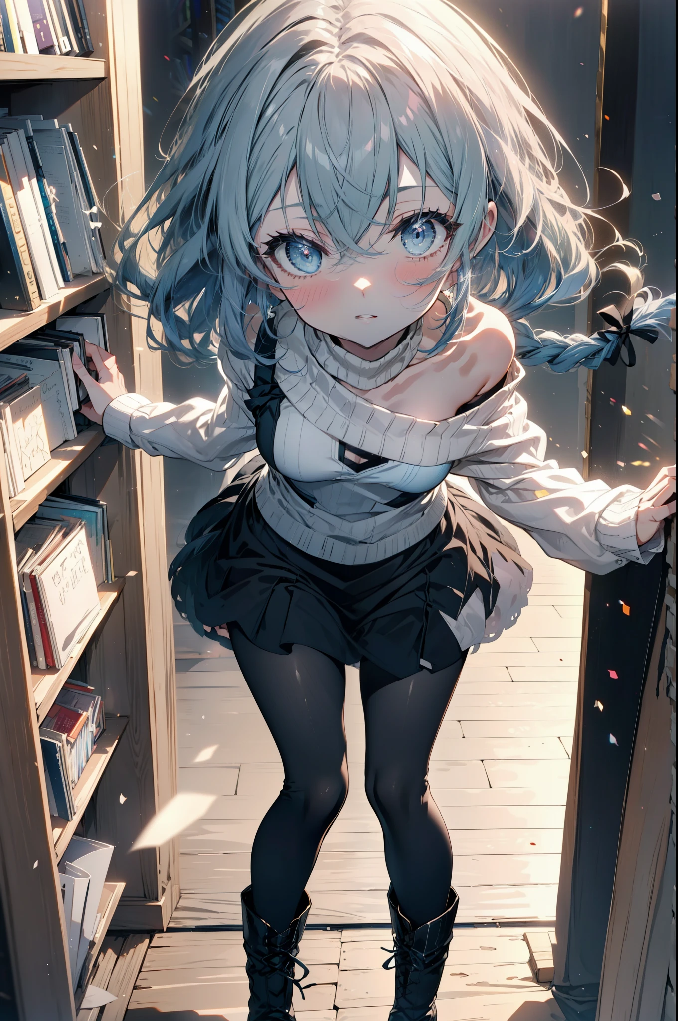 Roxymigurdia, Roxy, Ahoge, Black Ribbon, blue eyes, Blue Hair, Braiding, Hair between the eyes, Hair Ribbon, Long Hair, twin Braidings, very Long Hair, smile,blush,Open your mouth,Blue one-shoulder sweater,mini skirt,black tights,short boots,Book with both arms　Holding a spell book,Grimoire,Are standing,Bookshelf,There is a spellbook on the table,whole bodyがイラストに入る,
break looking at viewer,whole body,
break indoors,figure書館,
break (masterpiece:1.2), Highest quality, High resolution, unity 8k wallpaper, (figure:0.8), (Beautiful attention to detail:1.6), Highly detailed face, Perfect lighting, Highly detailed CG, (Perfect hands, Perfect Anatomy),